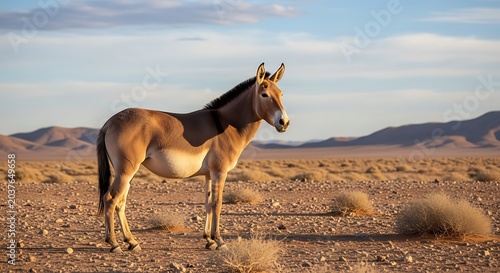 Wild horse grazing on arid grassland with mountains.