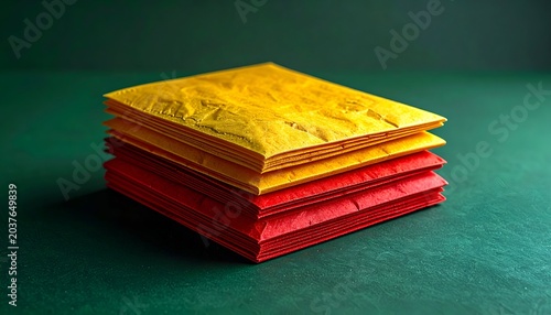 Stack of vibrant colored paper envelopes on a teal surface, with a blurred background