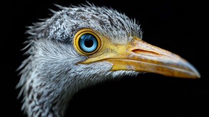Close-up portrait of a bird, profile view, dark background, zoo