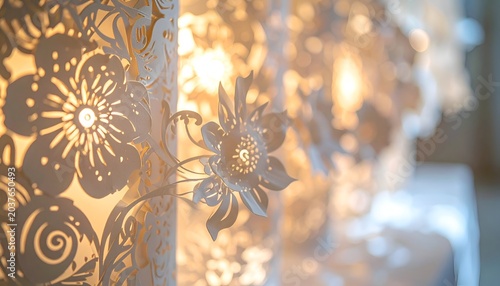 Intricate paper cut floral designs illuminated, creating soft shadows and warm glow