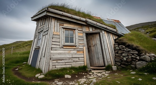 old wooden hut on green hill.