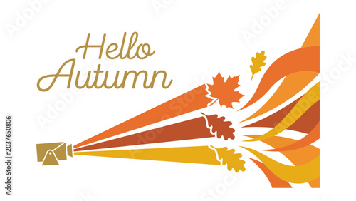 Fotografía Autumnal Blast: A festive depiction of autumn's arrival, with colorful leaves and flowing ribbons bursting forth from a horn, exuding warmth and transition