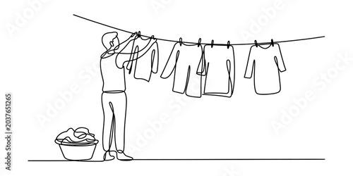 Canvastavla Person hanging clothes on a clothesline, laundry day, simple line art illustrati