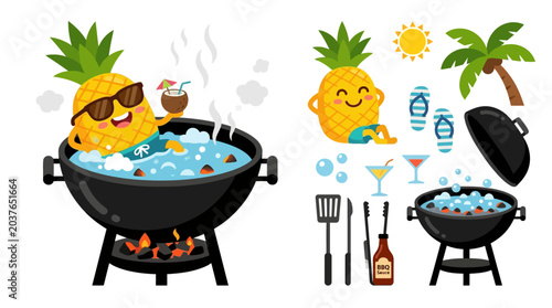 UntitledSilly pineapple character relaxing inside hot barbecue grill jacuzzi for funny summer barbecue party graphics and quirky restaurant branding