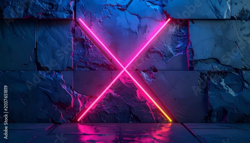 Neon pink 'X' crosses against a textured, stone-like wall in a blue lit futuristic scene