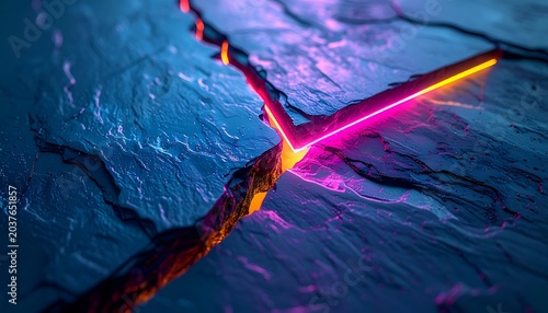 Close-up of layered dark stone with a glowing crack of vibrant magenta and yellow light