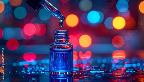 Dropper dispensing liquid into a small glass bottle with colorful bokeh background