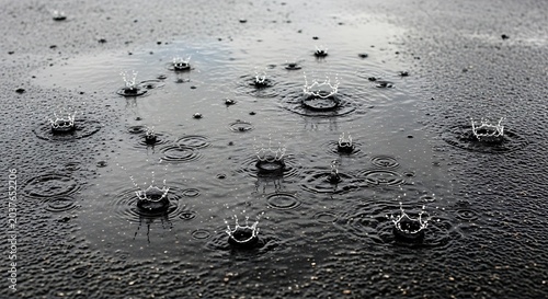 Rainy day water droplets on surface.