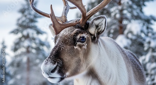 Reindeer in snowy forest landscape winter.