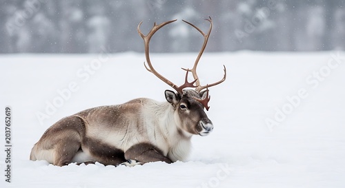 Reindeer lying in snowy landscape winter.
