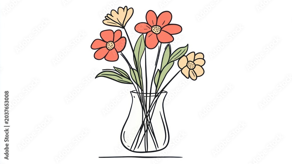 Obraz premium Colorful flowers in glass vase, simple drawing, white background, card design