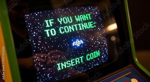 Retro arcade game screen insert coin.