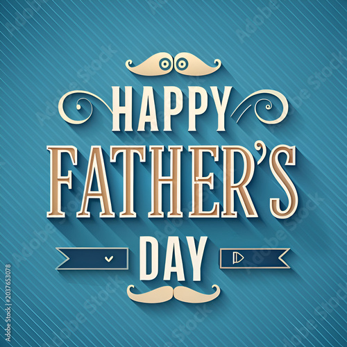 Happy Father's Day typography graphic design for universal use. Vintage style text with decorative elements in a light beige and dark brown color scheme on a light teal background.