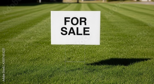For Sale Sign on a Freshly Mowed Green Lawn.