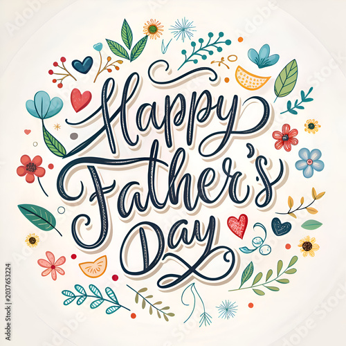 Happy Father's Day floral graphic design for general use. Circular design with hand drawn lettering and decorative elements.