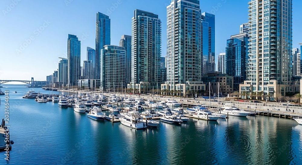 Obraz premium Modern skyline of Dubai Marina with luxury yachts.