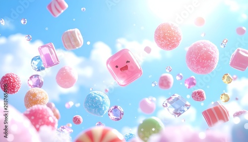 Whimsical candy and jewels float in a bright blue sky with fluffy clouds and sun rays