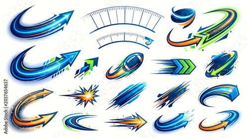 Dynamic abstract glowing arrow elements and sports icons for motion graphics and broadcast design