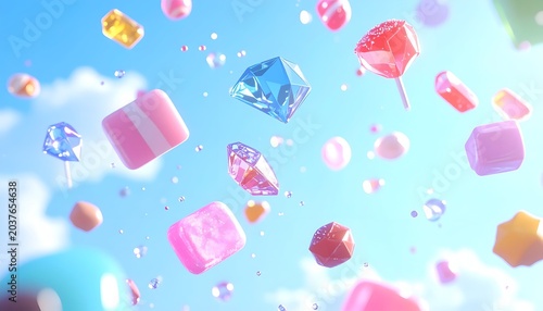 Colorful candy and gemstone treats float in a bright blue sky with clouds