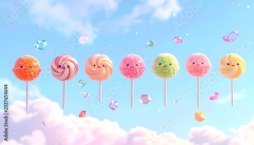 Playful lollipops with smiling faces float amongst crystals and fluffy clouds