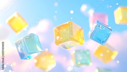 Floating, translucent, colorful cubes with frost details, against a soft, sunny sky backdrop