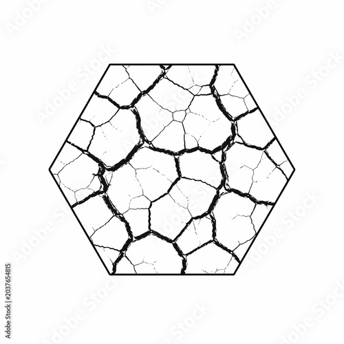 Hexagonal shape containing abstract cracked earth ground texture.