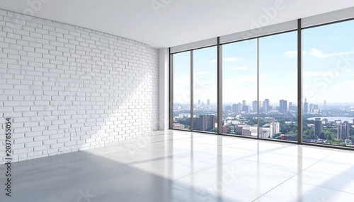 An empty, modern room with brick wall, large windows, and a cityscape view