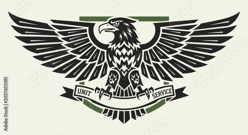 Photos Eagle Emblem with Wings Spread, Shield, and Banner - Military Unit Symbol