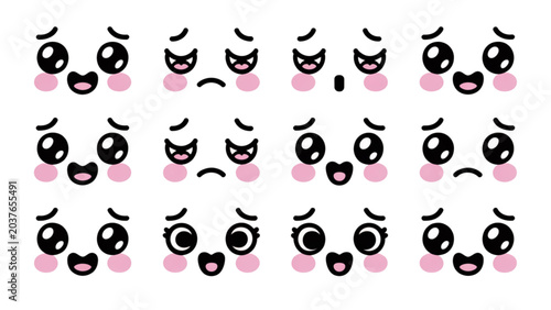 Tableau sur toile Set of sixteen diverse cartoon facial expressions with happy, surprised, sad and