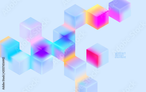 Multicolored 3D cubes. Glass iridescent geometric shape. Abstract conceptual background