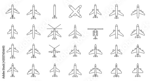 Schilderij op canvas Collection of Airplane and Helicopter Icons - Top View Outline Icons