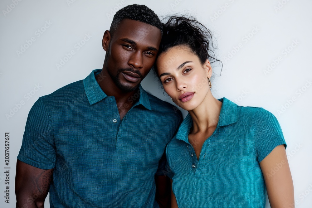 Obraz premium Portrait of a tender mixed race couple in their 30s donning a classy polo shirt on white background