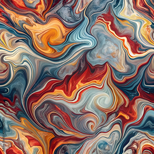 Abstract marbled design with vibrant colors in flowing patterns. Intricate swirling patterns create a dynamic. eye-catching image.