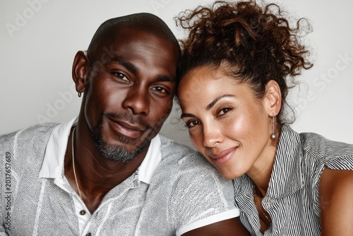 Portrait of a tender mixed race couple in their 30s donning a classy polo shirt on white background