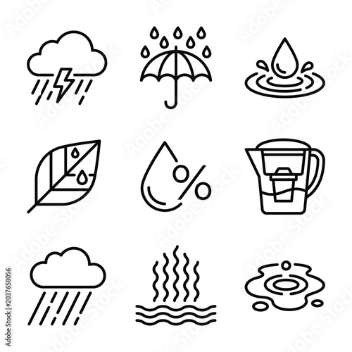Quadro em tela Set of water and weather line icons with umbrella purification environment meteo