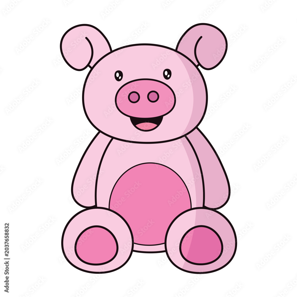 Fototapeta premium A cheerful, bright pink pig character sitting with a smiling expression. Features soft colors and clean lines, perfect for farm-themed nursery art or stickers.