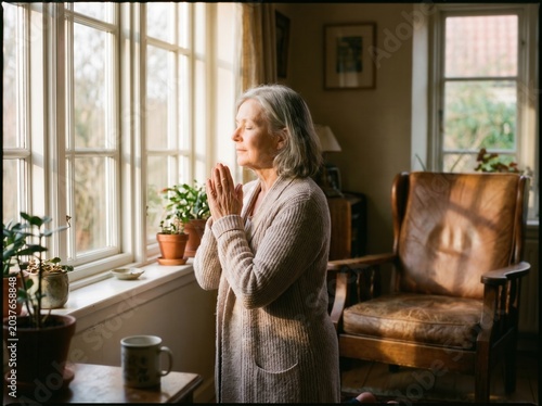 Senior woman with gray hair praying with clasped hands by window indoors