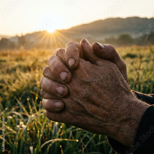 Elderly clasped hands in prayer in green field at golden sunrise outdoor