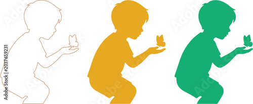 Minimalist boy silhouette with butterfly vector set, curious child holding insect in hand, colorful young kid profile icons for nature education isolated on White Background