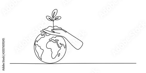 Tableau sur toile Continuous single line drawing of a human hand holding a small green plant sprou