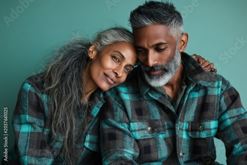 Portrait of a blissful indian couple in their 40s wearing a comfy flannel shirt in front of soft teal background