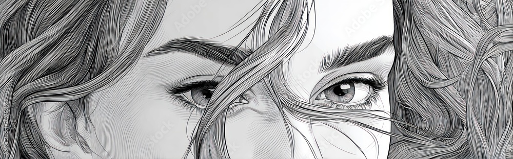 Fototapeta premium Close up monochrome illustration of a woman with long flowing hair and detailed eyes