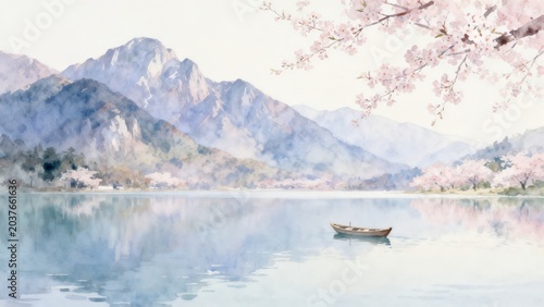 Painting of boat on lake with mountains
