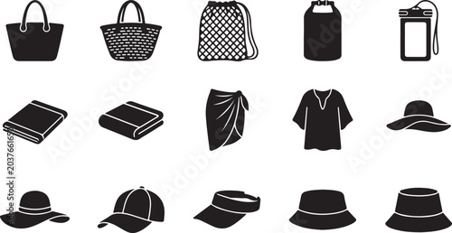 Photos Black and white line collection of hats gloves and accessories with checkered pa