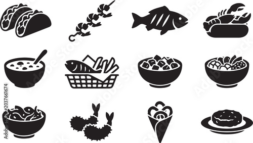 Photography Black and white line collection of various and animals in circular frames line c