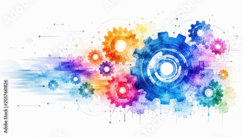 Gears engineering mechanics industrial watercolor concept. Colorful interconnected gears with digital network lines on white background