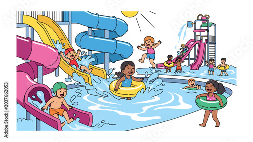 Photos Summer Fun at the Water Park: Children joyfully splash and slide down colorful water slides and float in the pool under a bright, sunny sky, embracing the carefree spirit of summer vacation