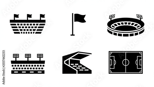 Set of black stadium and sports arena icons for soccer and football matches