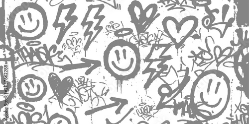 Urban Vibe Graffiti Collage: A dynamic collage of graffiti elements including smiley faces, lightning bolts, hearts, and arrows, creating a vibrant and edgy urban art aesthetic.