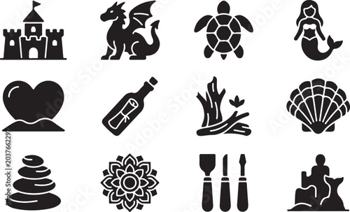 Bild auf Leinwand Black silhouette representing various professions and activities including archi